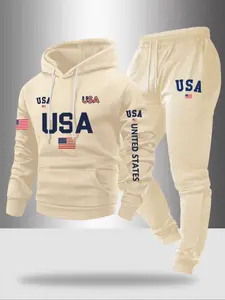 Men's Fall Winter Fleece Sweatshirt Set, Letter Flag Print Hoodie + Drawstring Casual Sport Pants, 2 Piece Set, Long Sleeve, Regular Fit, Printed Sports Suit