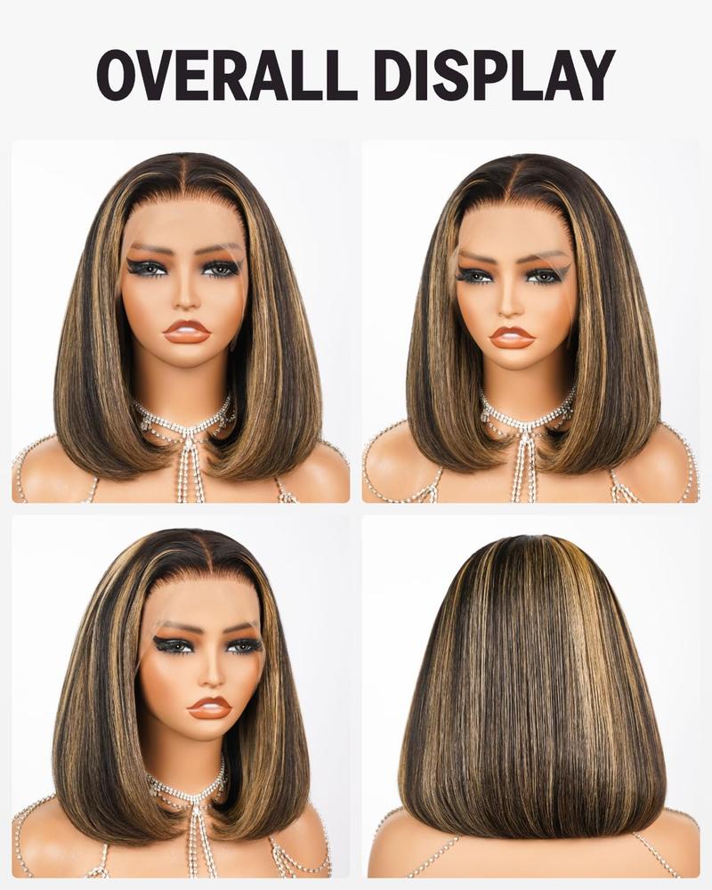Bob Wig Human Hair Highlight Ombre 13x4 HD Transparent Lace Front Wigs 1b/27 Black and Blonde Wig Human Hair Pre Plucked with Baby Hair 200 Density Short Bob Wigs 10 Inch