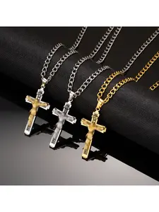 Embossed Portrait Cross Necklace for Men, Titanium Steel Sweatshirt Chain, Fashionable Hip-Hop Sweater Chain Jewelry
