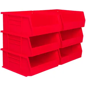 Plastic Storage Bins, Space-Saving Stackable Bins for Garage, Pantry, Craft Organization, 11" x 11" x 5", Red, 6-Pack