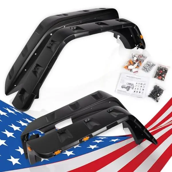 CROSSDESIGN Pocket Rivet Style Fender Flares with LED Side Markers - Automotive Body Kit Accessories, Car Exterior Mud Flaps Fit for 2007-2018 Wrangler JK Car Accessory
