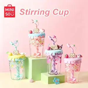 MINISO SR HK Straw Stirring Cup, Cute High-value Drinking Mug for Girls&Kids, Portable Cartoon Blender Tumbler with Straw, Reusable Daily Water Bottle, Ideal for Home Office School Outdoor Travel and Casual Beverage Use#SummerVibes