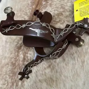Pair Adult Size Brown Steel Western Spurs Silver Accents