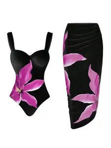 Women's 2 Piece Floral Print Swimsuit, Underwired One Piece Bathing Suit with Ruched Midi Skirt Cover Up, Black and Pink Swimwear for Beach Vacation 2026