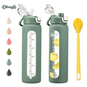 【Olivego】Reusable 32oz/1L Borosilicate Motivational Glass Water Bottle, Portable Travel Bottled Drinkware with 2 Lids (Straw & Spout), Time Marker, Silicone Sleeve, Leakproof Tumblers for Gym & Daily Hydration - Washable Gift for Him/Her