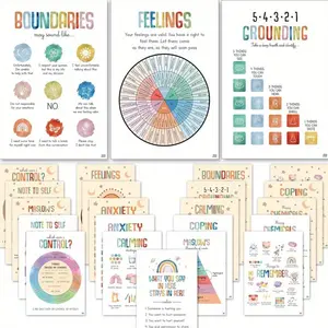 2D Flat 24pcs FramelessColorful Mental Health Posters Anxiety Therapy Motivational Poster Counseling Office Must Haves School Counselor Supplies for Middle High School Must Haves Classroom Decoration 8*10inches