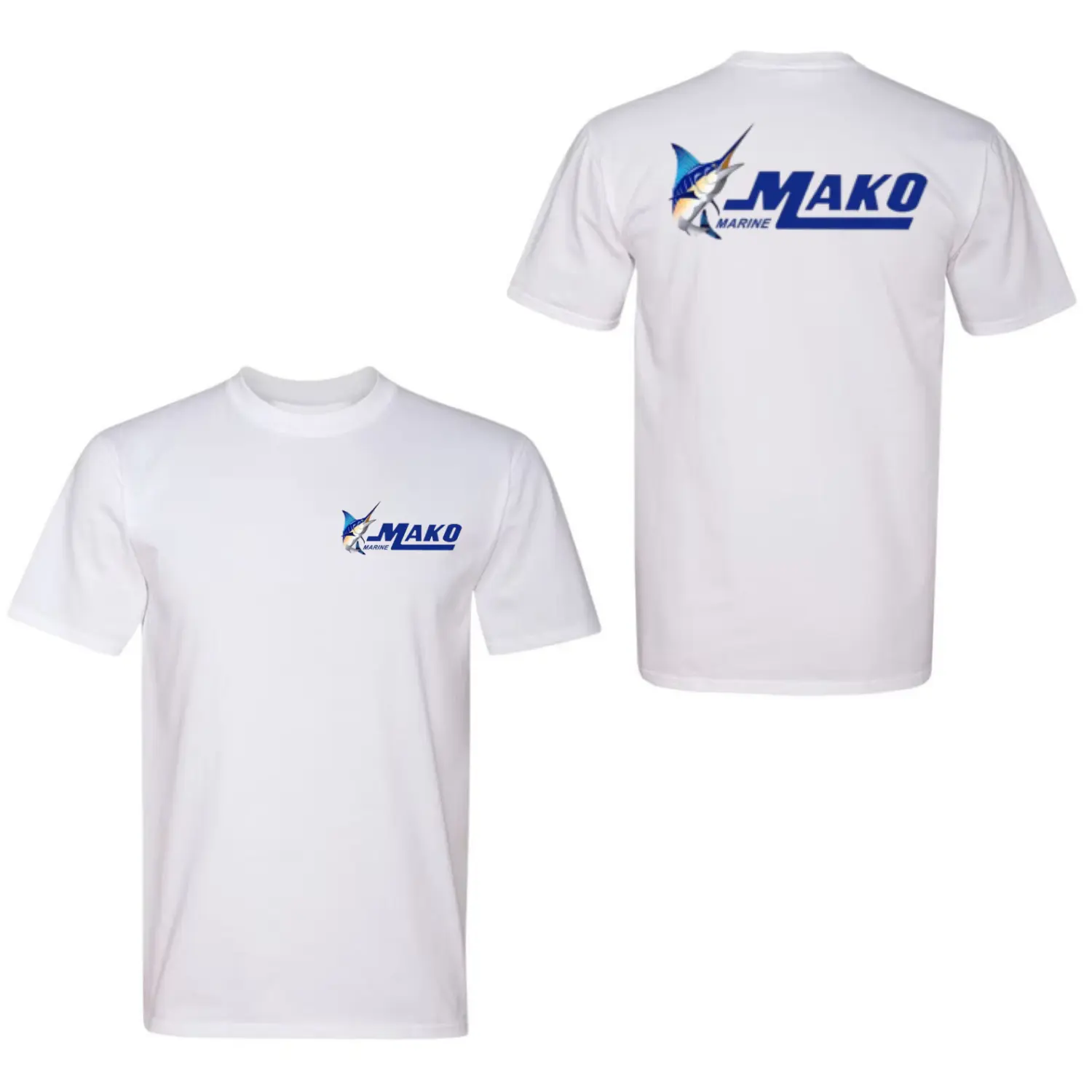 Mako Marine Men's Classic Smooth Soft Cotton Short-Sleeve Round Neck Casual Tee Tops - White Menswear with Offshore Boat Marlin Print, Ribbed Seamless Body Sport Fishing Apparel for Anglers, Fabric