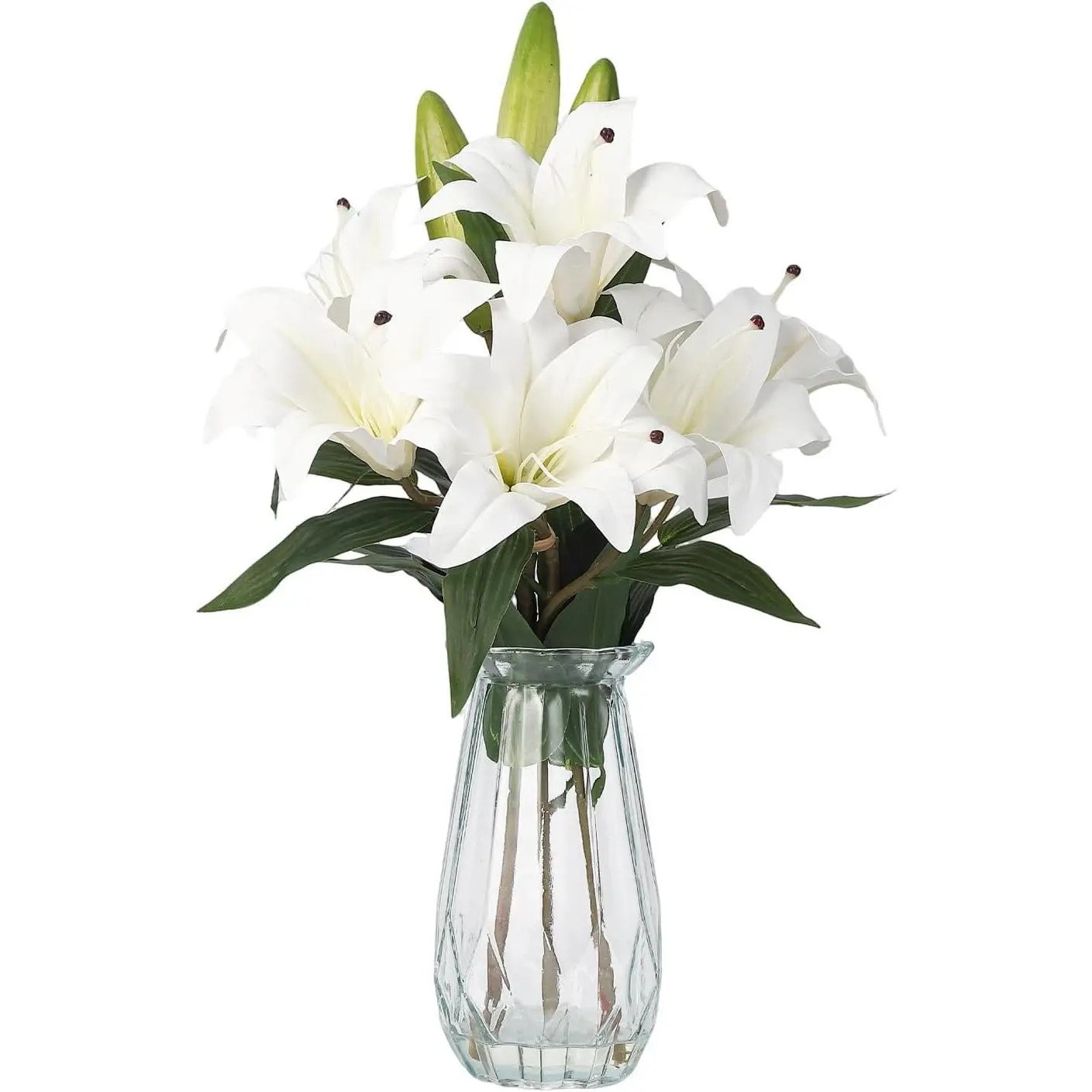 Artificial Tiger Lily Flowers with Vase,Real Touch Easter Lily Faux Flowers for Home Table Centerpieces Wedding Baby Shower Birthday Party Decoration,UV Resistant，3 Stems with 6 Flowers-Pure White