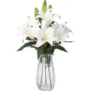 Artificial Tiger Lily Flowers with Vase,Real Touch Easter Lily Faux Flowers for Home Table Centerpieces Wedding Baby Shower Birthday Party Decoration,UV Resistant，3 Stems with 6 Flowers-Pure White