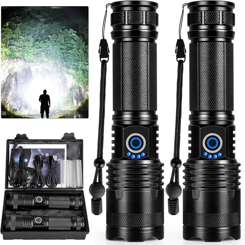 Rechargeable LED Flashlights High Lumen,Super Bright Handheld Flashlight Battery Powered,Waterproof Powerful Zoomable Flash Light for Home,Camping,Emergencies,Outdoor,2 Pack flashlight multipurpose coast flash light rechargeable Flashlights COB Flashlight