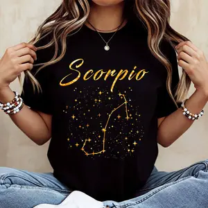 BScorpio Zodiac Constellation Print T Shirt Casual Loose Fit Tee For Everyday Wear And Leisure Activities