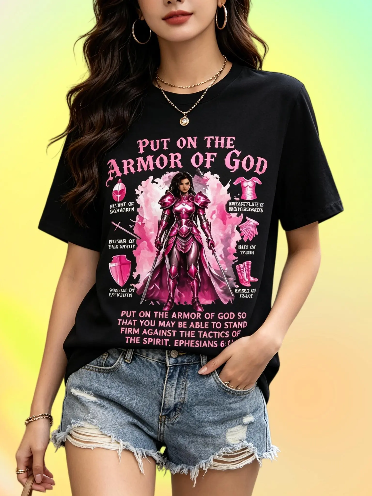 Women's Plus Size Oversized Basic Boho Cute Casual Round Neck Cap Sleeve Cropped Top - Soft Cotton, Lightweight, Comfortable, Loose Fit, 'Put on the Armor of God' Verse, Heat Transfer, Machine Washable, for Church, Everyday, Valentines Day
