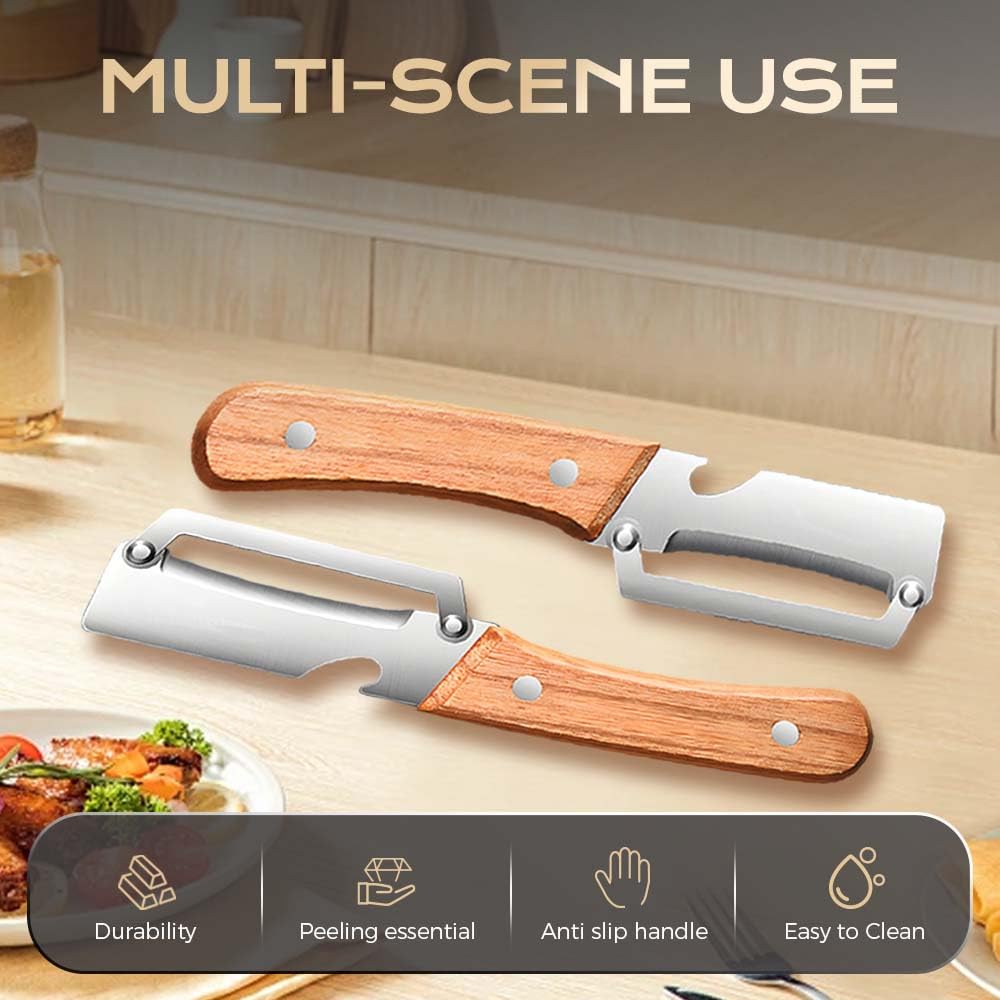 Wooden-Handled Stainless Steel Sharp Peeler with Built-In Bottle Opener for Fruits & Vegetables Ergonomic Non-Slip Handle Long-Lasting Construction Essential Kitchen Tool