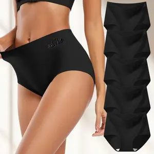 HOTCOM 5-Pack Women's Seamless High Waisted Cotton Panties Soft Comfy Basic Lingerie in Black Everyday Leg-Friendly Fit with Double-Layer Crotch