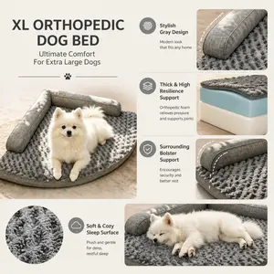 Corner Orthopedic Dog Bed for Extra Large Dogs Egg-Crate Memory Foam Dog Beds with Removable Washable Cover, Waterproof Pet Beds with Non-Slip Bottom, Grey