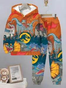 Boys' Fashion Dinosaur Pattern 3D Printed Hoodie Set, Long Sleeve Sports Wear, Spring Fall Winter Outdoor Hoodies, Casual Fitted Sweatshirts, Outfit, Sweatpants