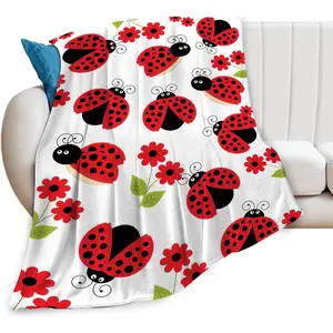 Ladybug Blanket, Lady Bug Cartoon Throw Blankets, Flower Green Leaves Fuzzy Plush Blanket Ultra Soft for Animal Lover Gift Kids Teens Women Men Girls Boys Stuff Decor for Bedding Sofas Couch