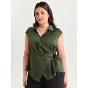 BloomChic Women's Plus Size Army Smooth Short-Sleeve Collared Wrap Blouse, Asymmetric Hem Garment for Ladies, M-6X 2026 Summer Mother's Day Pick Swimweek