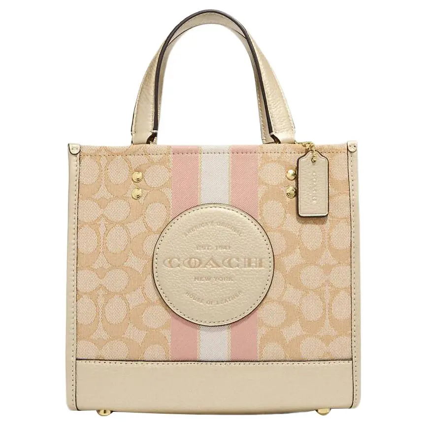 COACH Dempsey 22 Classic Monogram Snap-Clasp Tote Bag for Women, Jacquard and Calfskin Blend, Small Size, Light Khaki