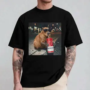 Funny Capybara Drinking Budweiser T-Shirt, Cool Chill Animal Graphic Tee, Aesthetic Streetwear Shirt, Trendy Unisex Gift for Drink Beer Lovers