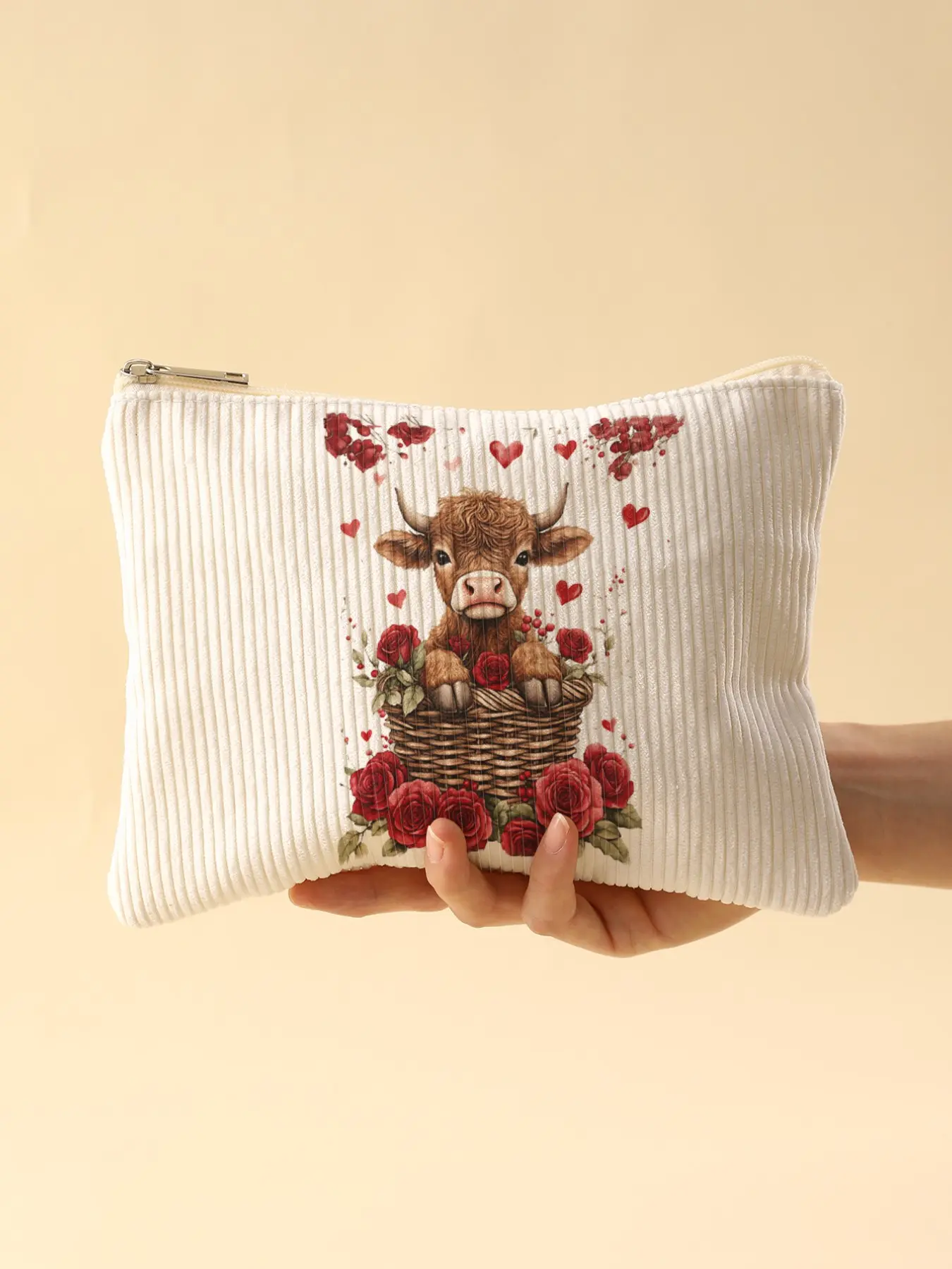 Cow Print Corduroy Makeup Bag, Makeup Pouch with Zipper Lining, Lightweight Multi-Functional Cosmetic Organizer for Toiletries & Accessories, Ideal for Valentine's Day, Travel Cosmetic Bag, Travel Toiletry Organizer