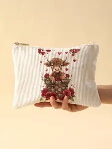 Cow Print Corduroy Makeup Bag with Zipper Lining, Lightweight Multi-Functional Cosmetic Organizer for Toiletries & Accessories, Ideal for Valentine's Day, Travel Cosmetic Bag