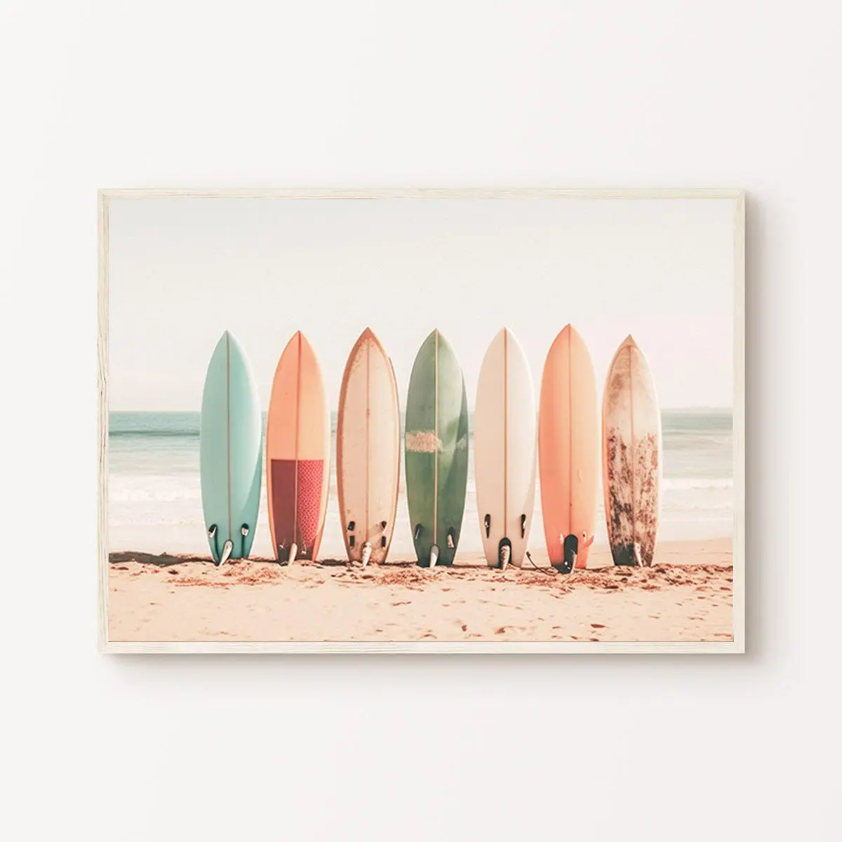 Tropical Poster, Pastel Beach Photography, Horizontal Coastal Large Wall Art, Surfboard Retrò Print