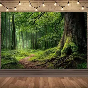 1pc 2D Flat A Dense Forest Path Canvas bg - Elegant Forest Scenery Majestic Trees Vibrant Green Nature - Inspired Polyester Wall Hanging Suitable Home decor Birthday Parties Outdoor celebs Etc. Ou White Ornaments Decoration