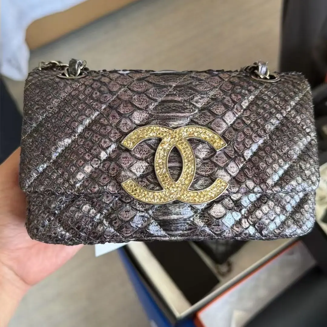 Pre-owned CHANEL Quilted Python Skin Bag With Crystal CC Logo