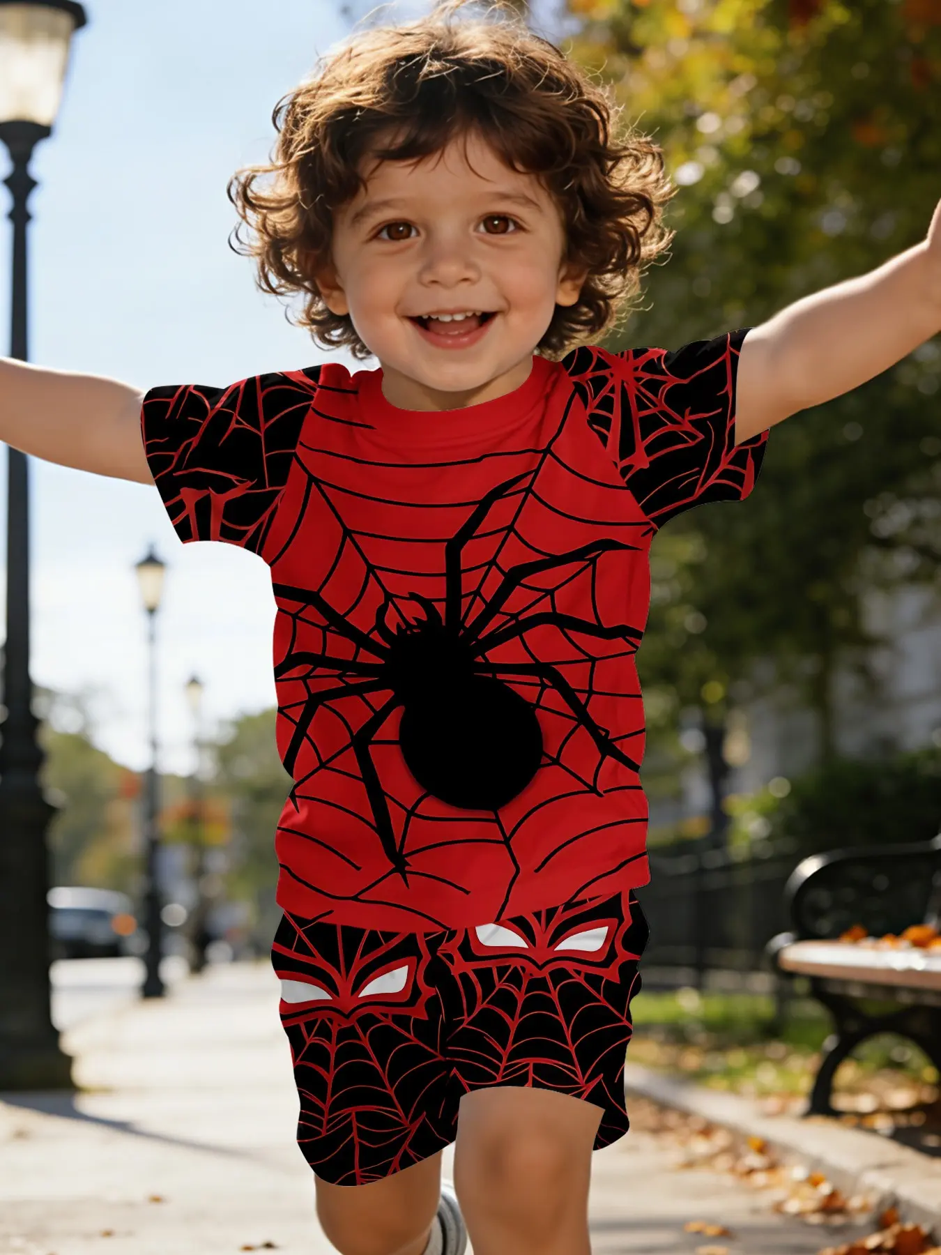 Classic hero style Spider-Man web print baby short-sleeve set, summer clothing set, Outfits Set, kids' wear for boys and girls, T-shirt suitable for daily and outdoor sports. Made of 100% polyester, it's the gift for infants and toddlers