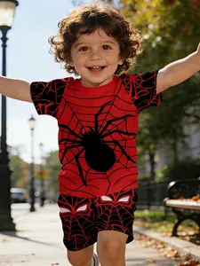 Classic hero style! Spider-Man web print baby short-sleeve set, casual kids' wear for boys and girls, T-shirt suitable for daily and outdoor sports. Made of 100% polyester, it's the perfect gift for infants and toddlers!