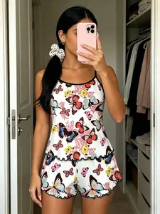 Colorful Butterfly Print Sleeveless Pajama Set, Trim Ruffle Design, Sweet Cool Girl Style, Breathable Home Sleepwear