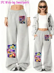 Girls Kpop Demon Hunters Korean Style Wide Leg Pants, Three-Panel Patchwork Cartoon Anime Print, Casual Fitted Summer & Fall Fashion