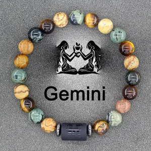 12 Zodiac Signs Handmade Tiger Eye Beaded Bracelet for Men Women, Natural Crystal Chakra Stretch Yoga Bracelet, Anxiety Relief Protection Astrology Father's Day Birthday Gift
