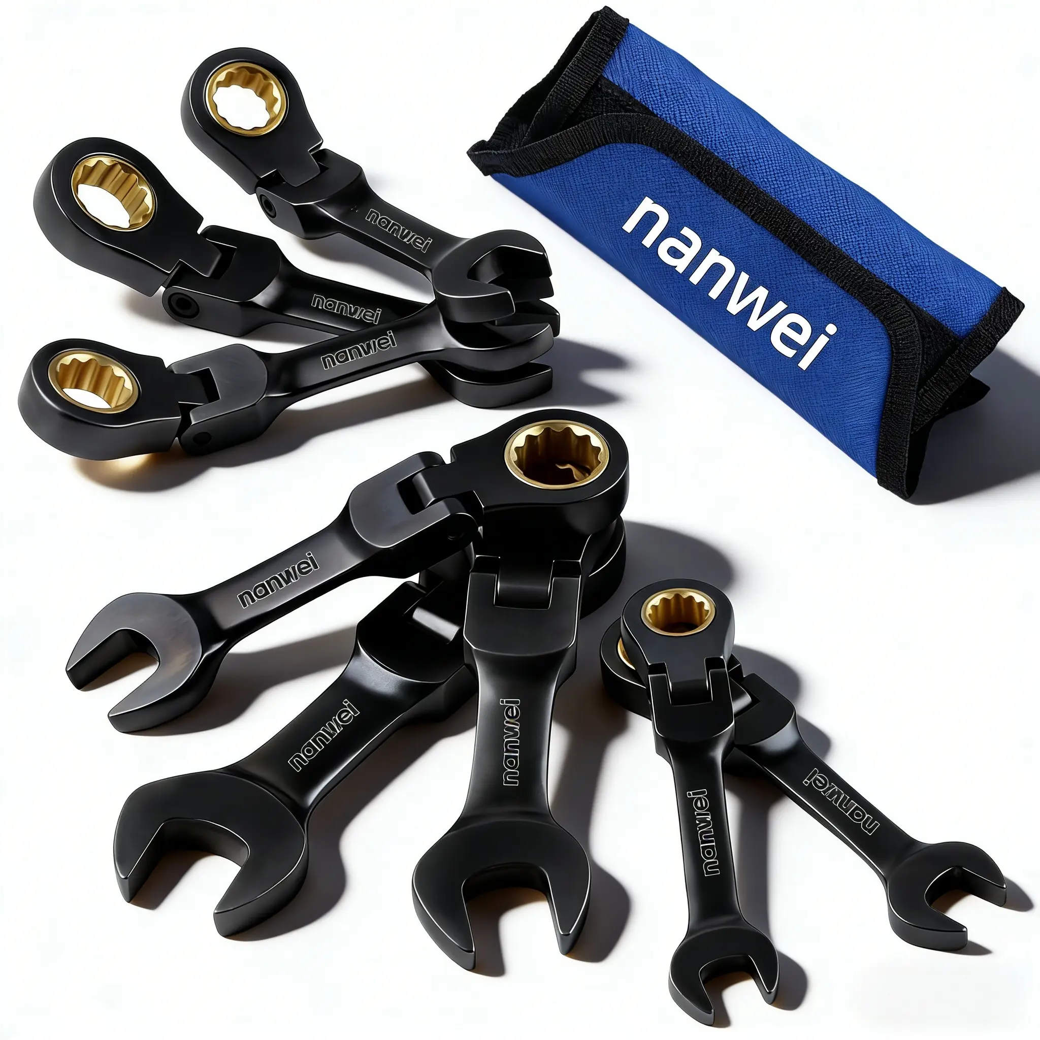 Matte Black 8Pcs Metric Flexible Head Combination Ratchet Wrenches Set - Short Swivel CR-V Steel 9-17mm Open & Box End Dual Wrench Kit with Roll Up Pouch for Auto Garage DIY Repair