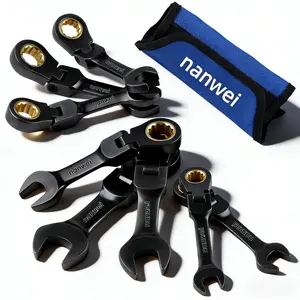 8PCS Metric Short Flexible Ratchet Combination Wrench Set, 180° Swivel Open Box End Spanner Kit, Cr-V Compact Hand Tools with Canvas Storage Pouch
