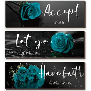 3 Pcs Teal wall decor Inspirational Teal Bathroom Decor Wooden Rose Wall Art Turquoise Office Decoration with Accept Let Go Have Faith Quotes for Girl Women Bedroom 12 x 4 Inches