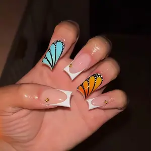 24pcs Square Nail Tips, Nude Base with French Tip, Blue Butterfly Design, Rhinestones, Reusable Party Nails