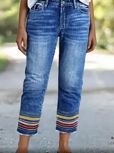 Plus Size Women's Denim Jeans, Fashionable Plain Color, Zip Pocket, Frayed Edge Embroidery, Casual Travel Four Seasons