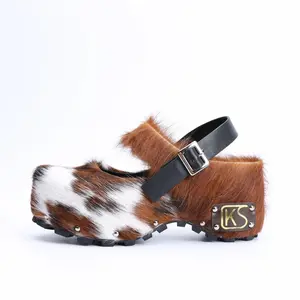 Handmade Calf Hair, Studded Cowboy Style Platform Fur Clogs