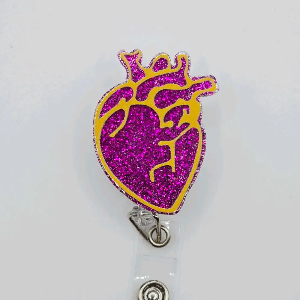 Anatomical Heart with Purple Glitter Acrylic Retractable Badge ID Reel Belt or Alligator Clip Perfect for the Cardiology Crew