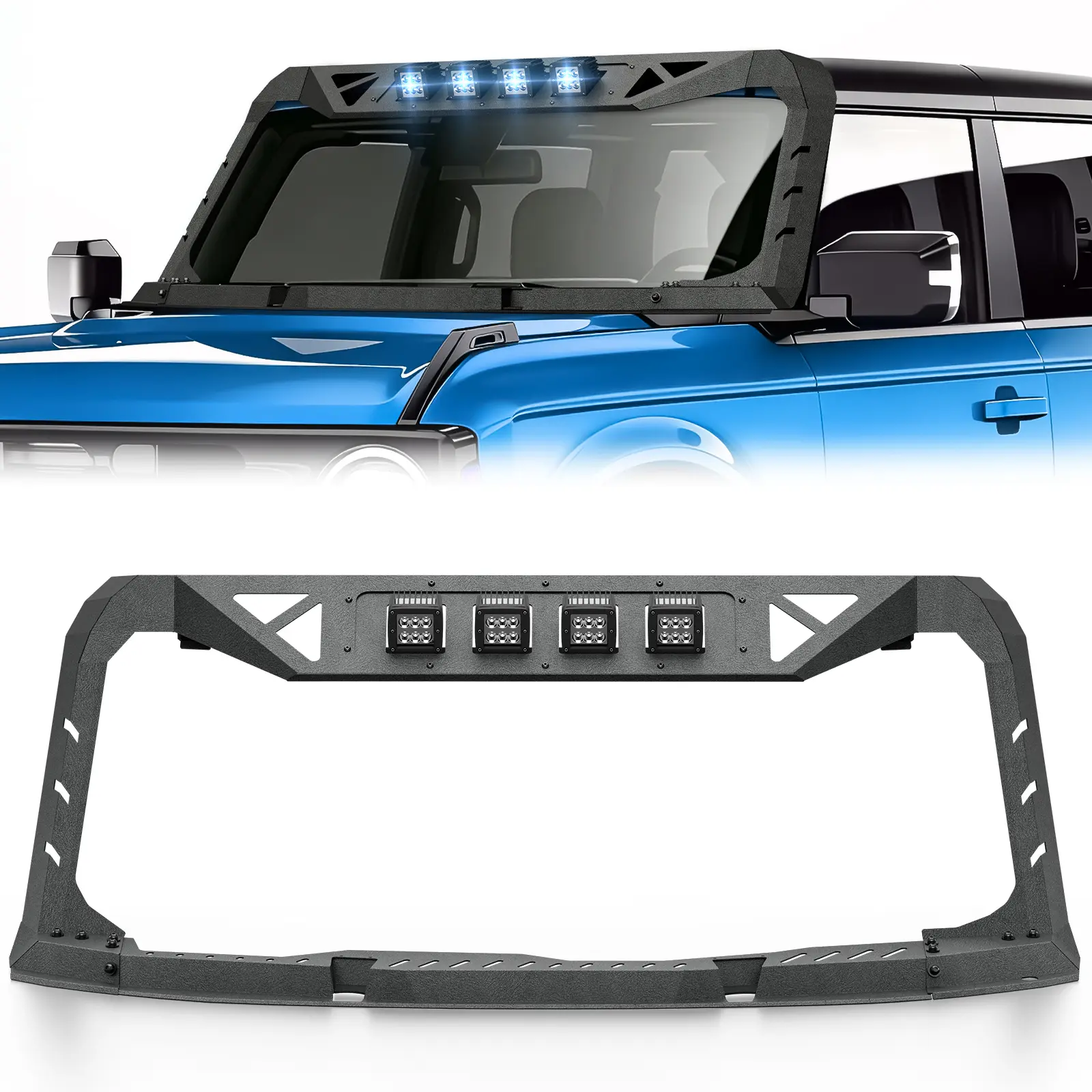 【EYOUHZ】Heavy-Duty Windshield Frame with Built-in LED Light Bar, Sun Visor, Front Windscreen Rack Protector for 2021-2026 Ford Bronco, No-Drilling Installation, Led Lights, Madmax Look, Roof Protection, Sun Shielding, Bolt-On