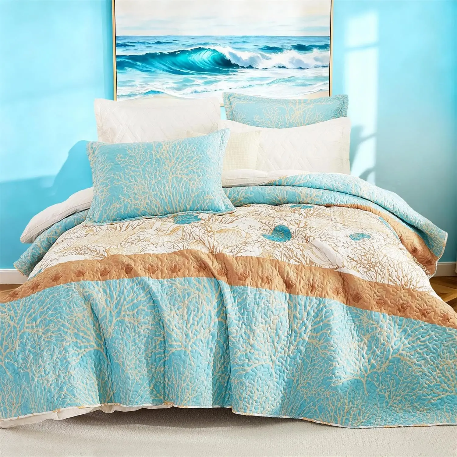Queen Coastal Quilt Set 3 Pieces,Reversible Shell Bedspread,Ocean Coral Starfish Printed Bedding for All Season,Summer Quilt Bed Set with 2 Shams(92"x96",Blue)