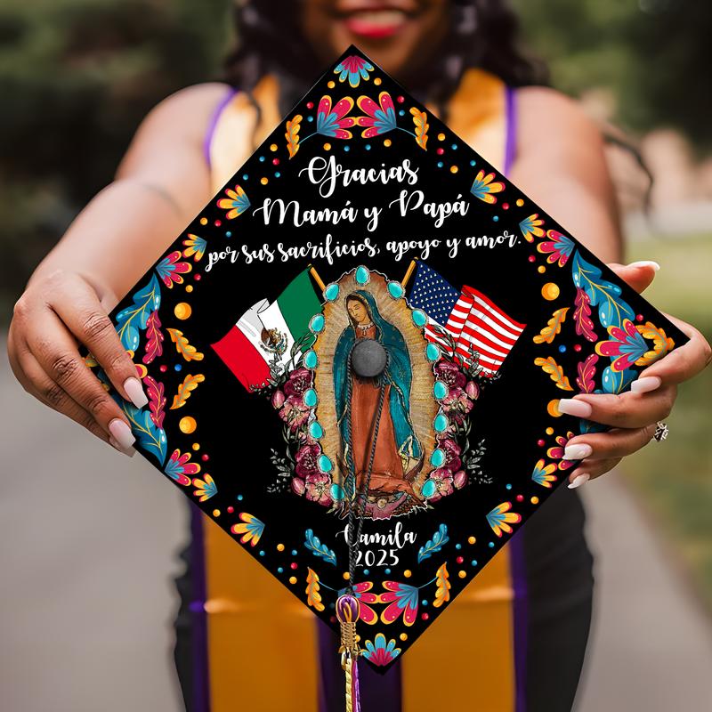 Personalized Gracias Mamá y Papá Guadalupe Printed Grad Cap Topper, Mexican Grad Cap Topper, Latin Graduation Decoration, Class of 2025