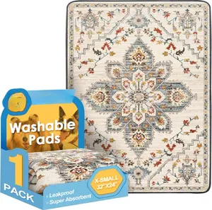 Washable Pee Pad for Dogs 32"x24", Super Absorbent, Reusable Waterproof Puppy Mat, Leakproof Crate Pad, Playpen Rug, White Medallion Design