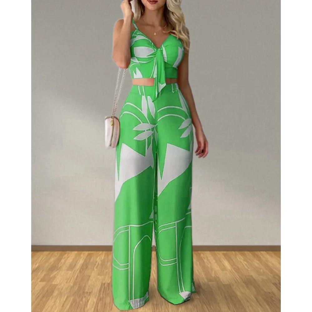 Tropical Print Spaghetti Strap Casual Lace up Back Top &High Waist Pants Set