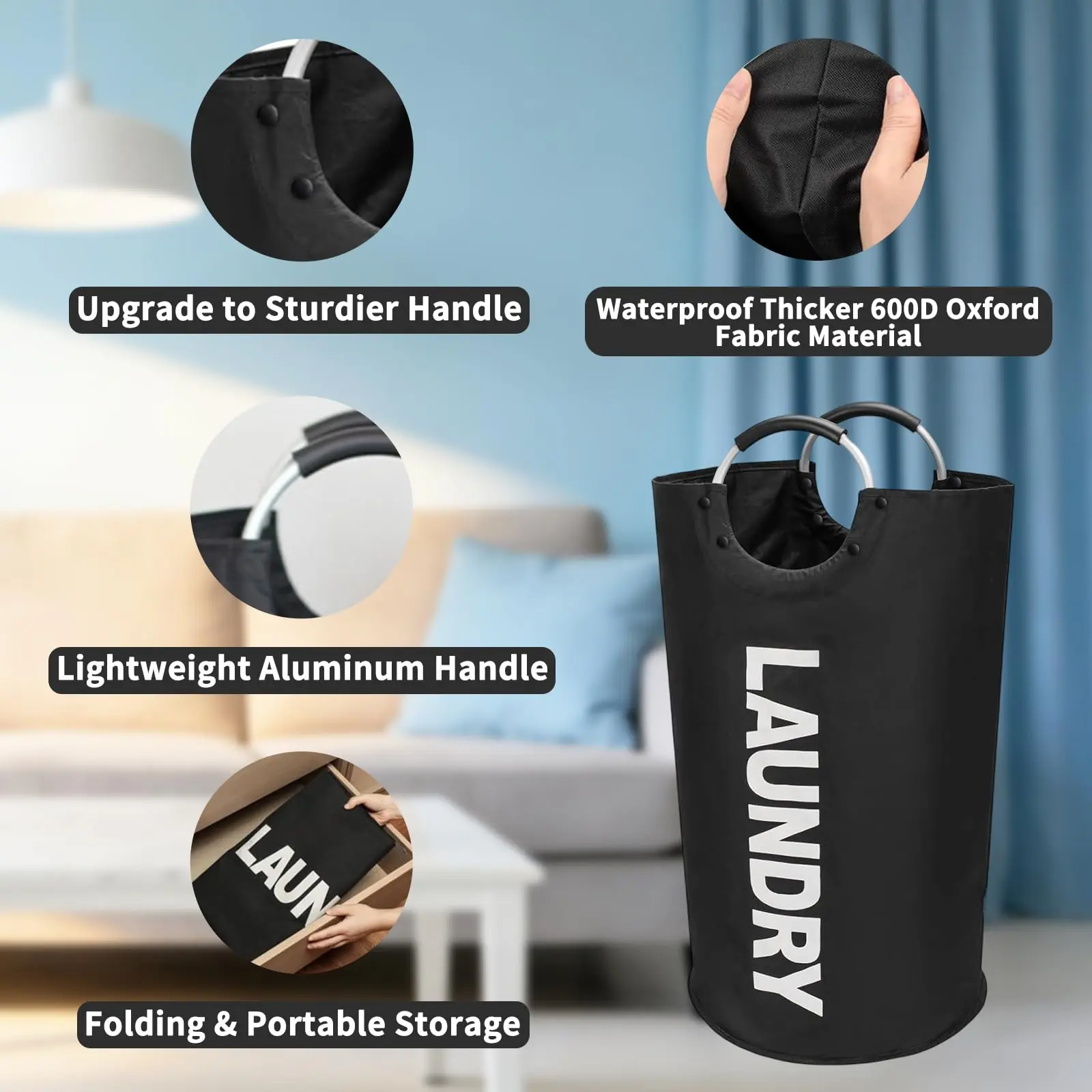 Water Resistant 600D Oxford Fabric 90L Foldable Portable Dirty Clothes Bag Tear Proof Reinforced Hem Extra Large Storage Space Perfect For Student Dormitory City Apartment Bedroom Laundry Room Storage Use