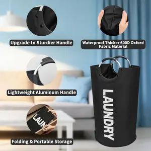 Water Resistant 600D Oxford Fabric 90L Foldable Portable Dirty Clothes Bag Tear Proof Reinforced Hem Extra Large Storage Space Perfect For Student Dormitory City Apartment Bedroom Laundry Room Storage Use