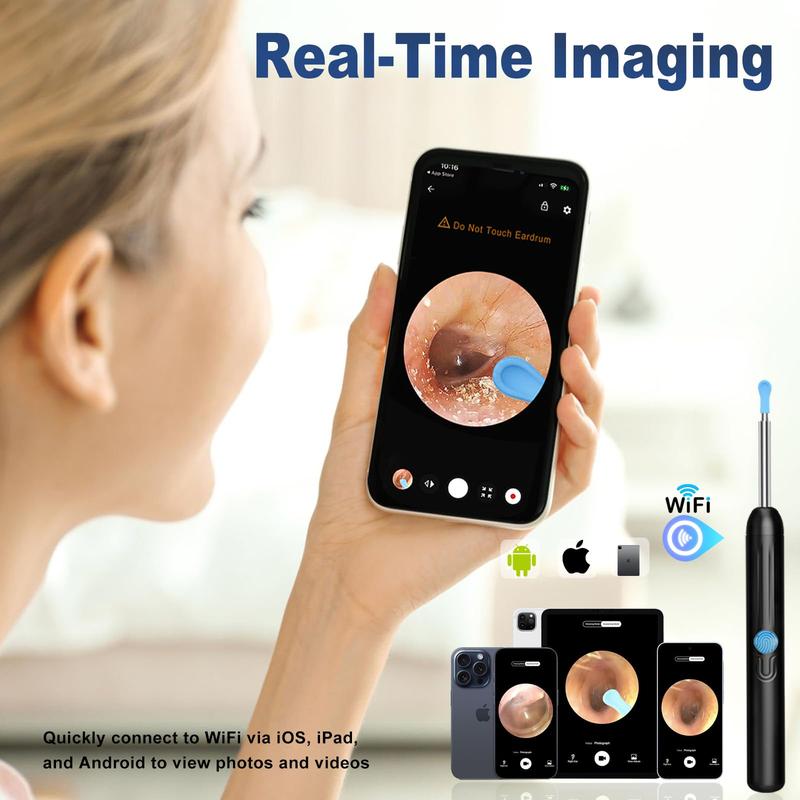 1080P Ear Wax Removal Kit with Camera & 6 LED Lights 8 Ear Picks Compatible with iPhone Android iPad Black Ear Care Solution