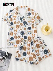 Women's Two-Piece Sleepwear Loungewear Pajama Set, Base Full-Print Baseball Elements, Soft Breathable Fabric, Casual Fitted Design, All Seasons